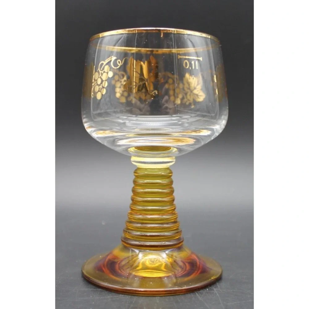 Vintage Romer Cordial Glasses Amber Beehive Stem Gold White Floral Set of 2